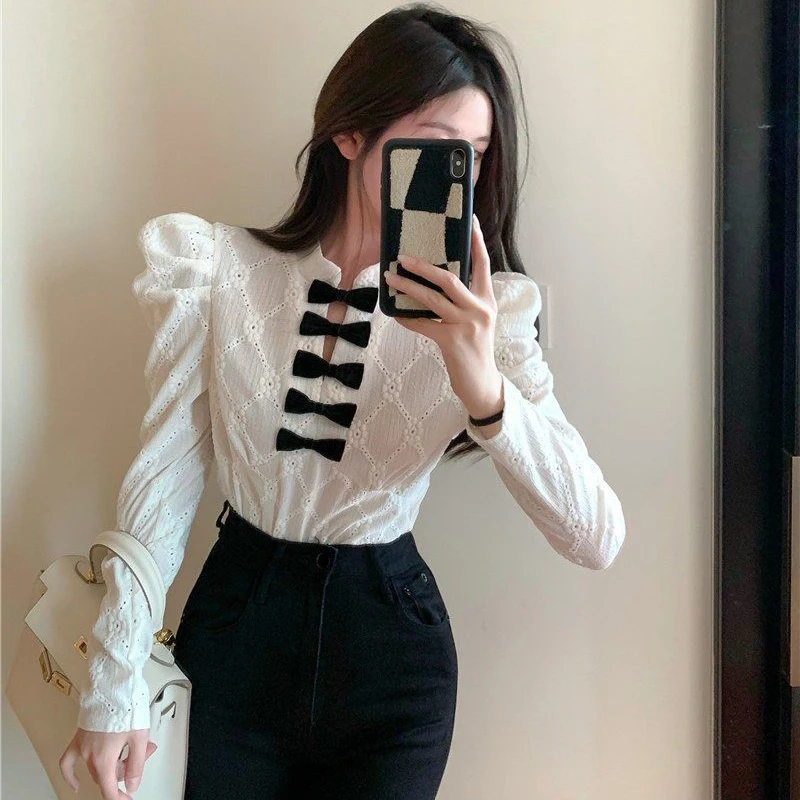 Y2K Women White Shirt Korean Elegant Bow Hollow Out Stand Collar Female Blouse Spring New Chic All Match Long Sleeve Ladies Tops