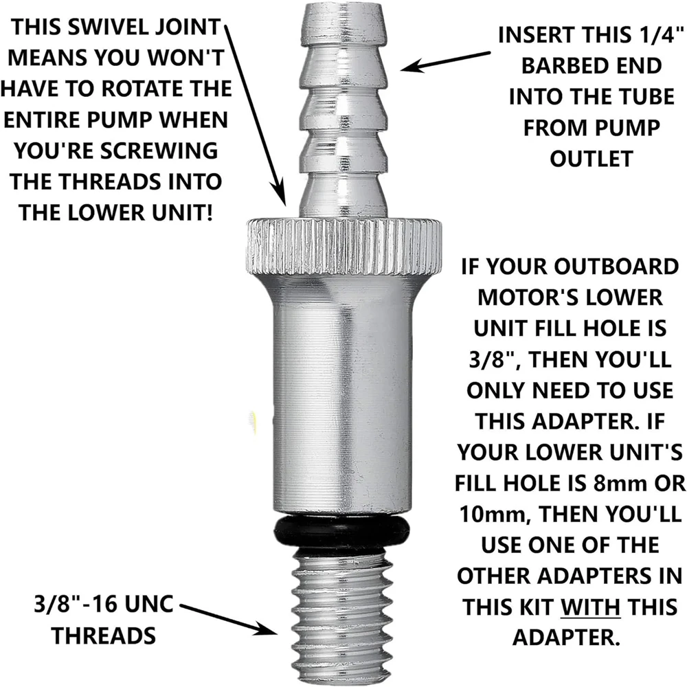 Lower Unit Gear Oil Pump for Quart Bottles Includes 3/8 inch Metal Swivel 8mm 10mm Adapters Fit Most Marine Boat Outboard Motor