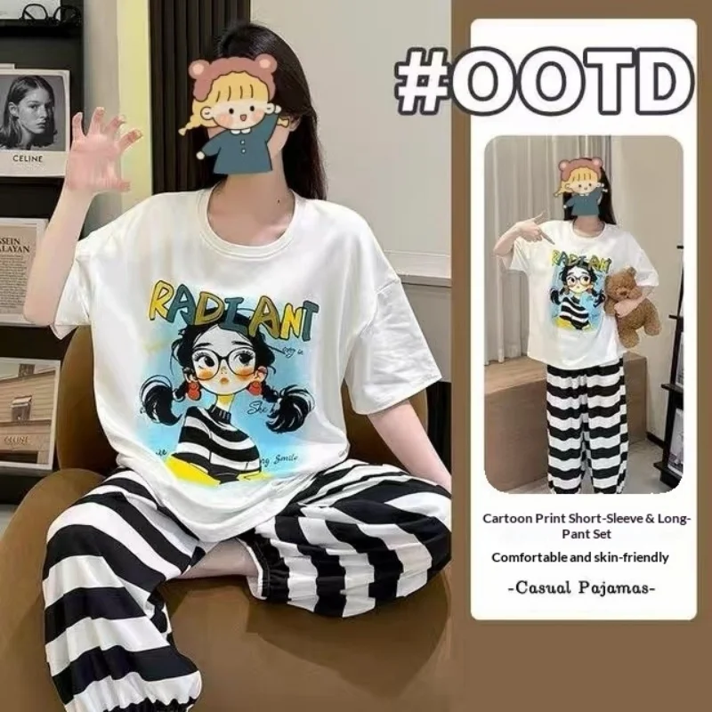 Women's Short Sleeved Long Pants Home Suit Summer New Cute Girl Cartoon Pullover Loose Lazy Style Home Suit Two-Piece Set
