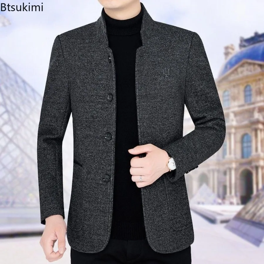 

2025 Men's Business Casual Woolen Blazers Black Jackets Woolen Blends Male Autumn Winter Slim Fit Blazers Coats Mens Clothing