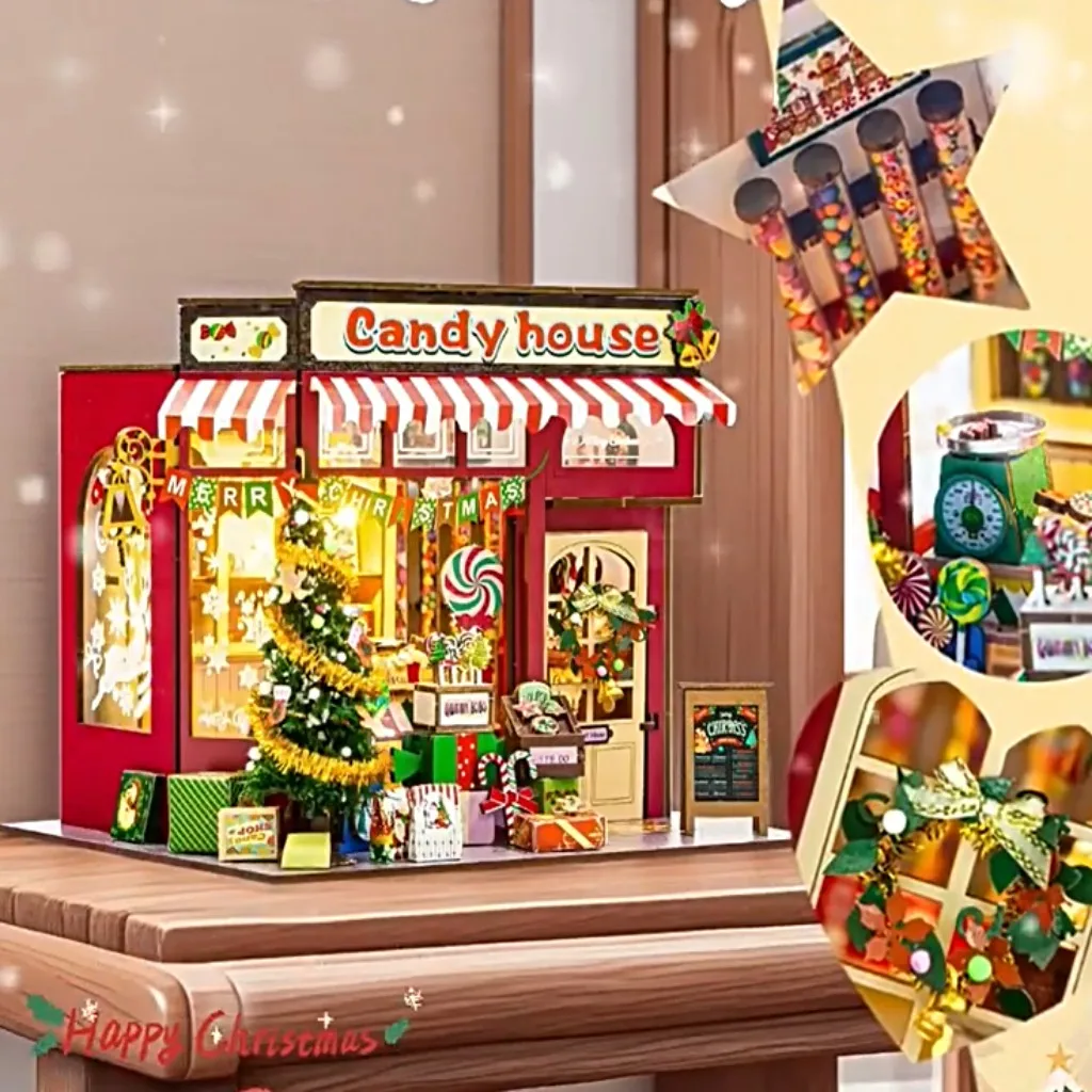 بيت الدمى الخشبي لعيد الميلاد يمكنك صنعه بنفسك مجموعة مصغرة مريحة لعيد الميلاد مع أثاث ديكور سطح الطاولة وعرض العطلات #3