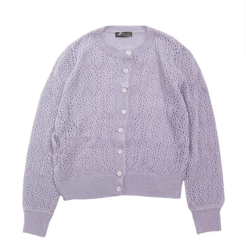 

Фиолетовый вязаный кардиган для женщин, тонкий 2025, новый солнцезащитный халат, весеннее пальто, короткий топ с вырезом для верхней одежды, осенний свитер