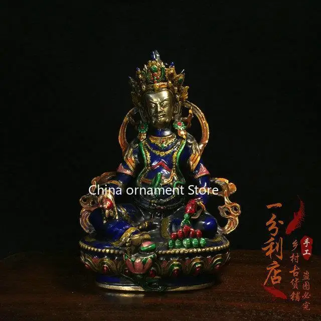 Antique Collection Nepalese Cloisonne Copper Tire Enamel Color Yellow Fortune Buddha Statue Lucky Offering Ornament