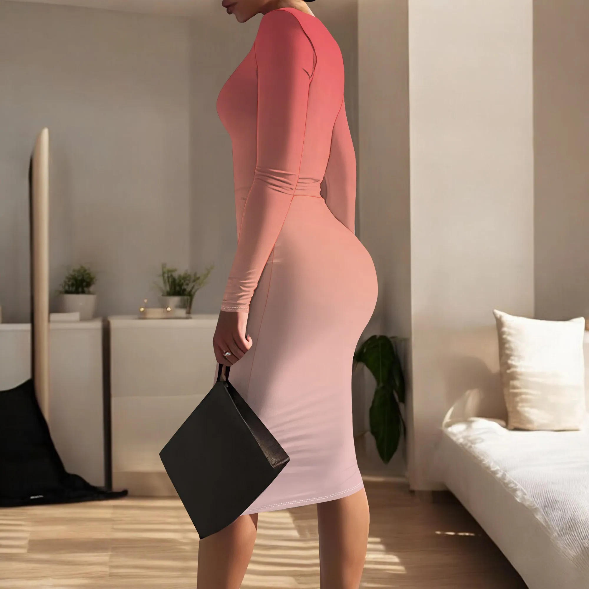 فستان نسائي طويل Bodycon أساسي بأكمام طويلة فستان كاجوال ملفوف برقبة دائرية مثير منحنى للعمل والمكتب تنورة ميدي رصاص