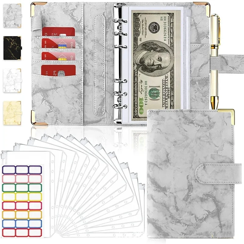 

A6 PU Leather Marble Notebook Binder Budget Planner Money Organizer for Cash Savings Zipper Envelope Pockets Stickers