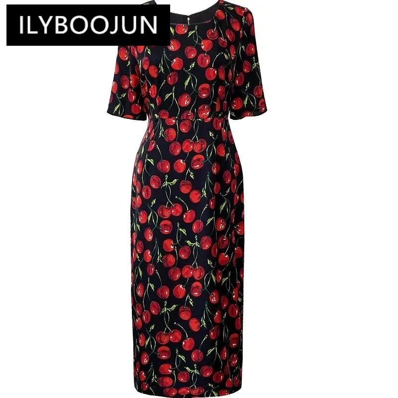 

ILYBOOJUN Fashion Autumn Silk Pencil Dress Women Square Collar Short Sleeve Cherry Print Elegant Party Package Buttocks Dresses