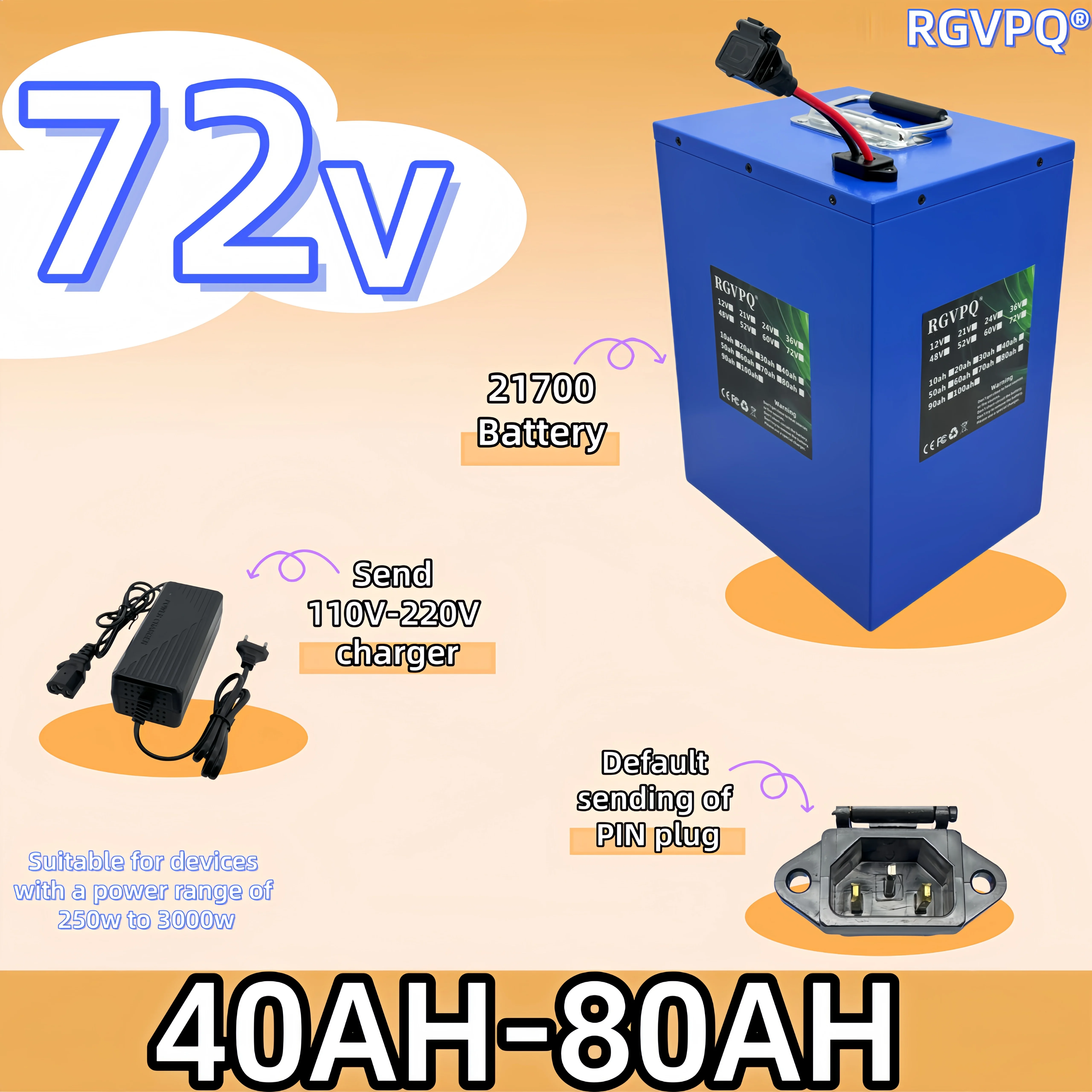 

72V21700 lithium-ion battery, 40AH-80AH large capacity, waterproof shell material, built-in 40AHBMS, suitable for scooters3000W