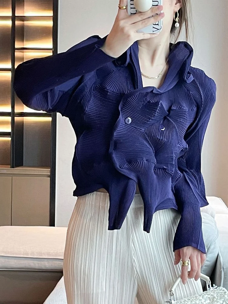 GVUW Pleated Irregular Jackets Women Lapel Double Breasted Full Sleeve Solid Color Versatile New 2024 Female Clothing 17G6638