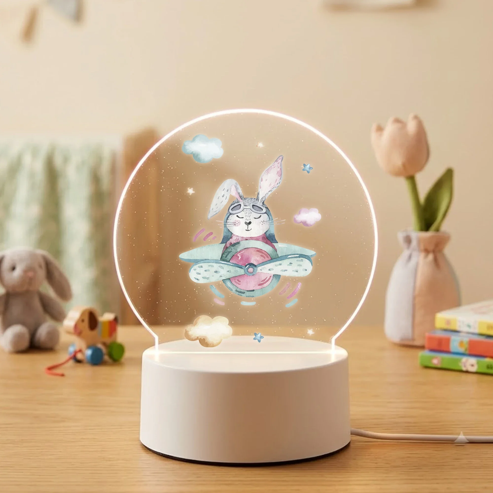 Pilot Rabbit Airplane Acrylic LED Night Light Custom Name Kids Bedroom USB Table Lamp Gift