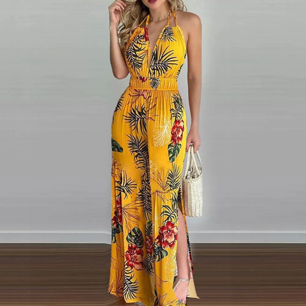 New Summer Beach Bohemian Jumpsuit Women sexy backless Printed wide leg Bodysuits Elegant casual side split one piece set