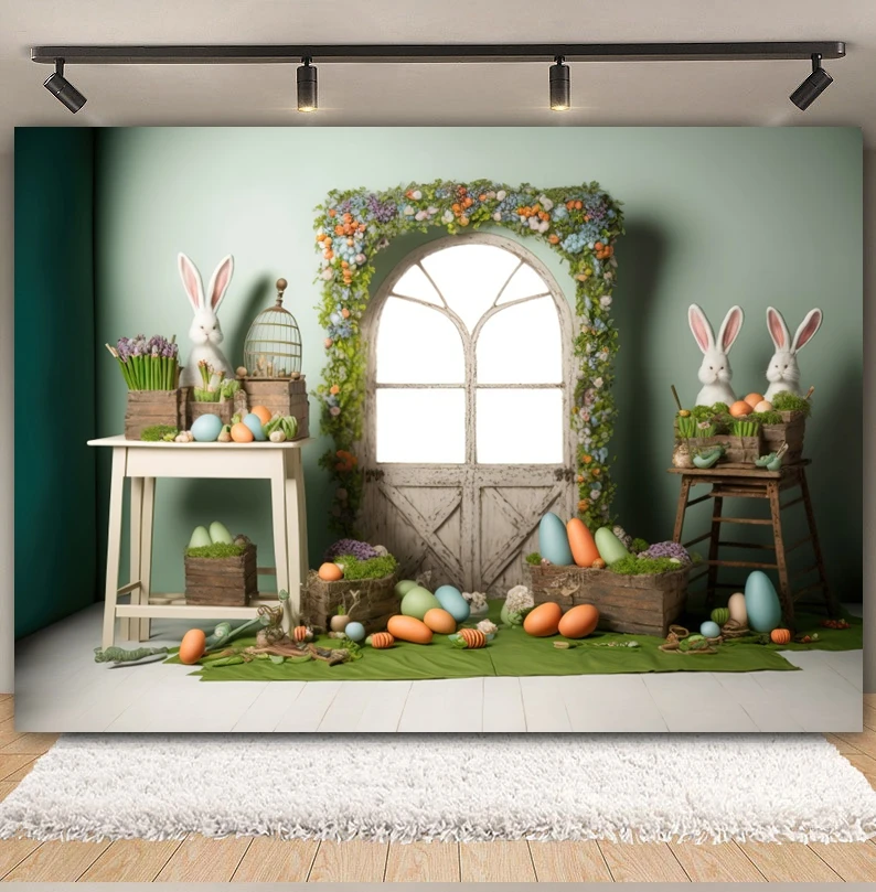 Wesołych Świąt Wielkanocnych Tło Do Fotografii Deska Drewniana Zielona Trawa Królik Królik Jajka Baby Shower Tło Dekoracja Studio Fotograficzne Rekwizyty