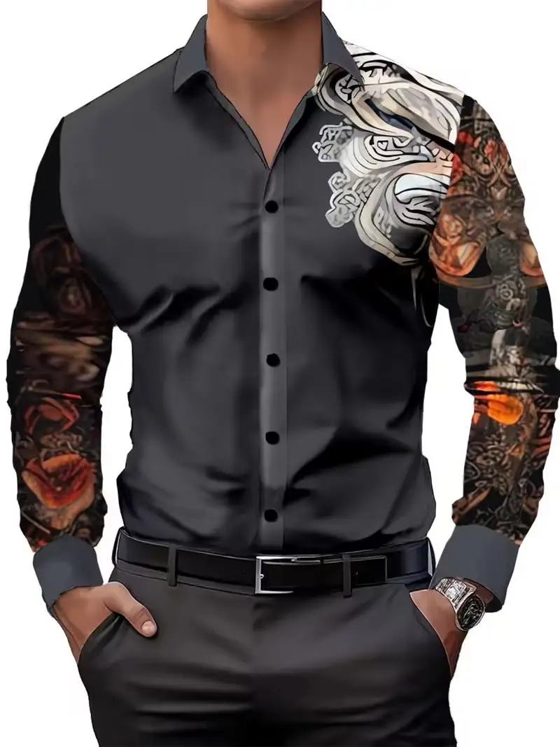 Men's Shirt Vintage Tattoo Floral Patchwork Print Long Sleeve Button Down Shirts Turn Collar Street Fashion Tops Men Clothing