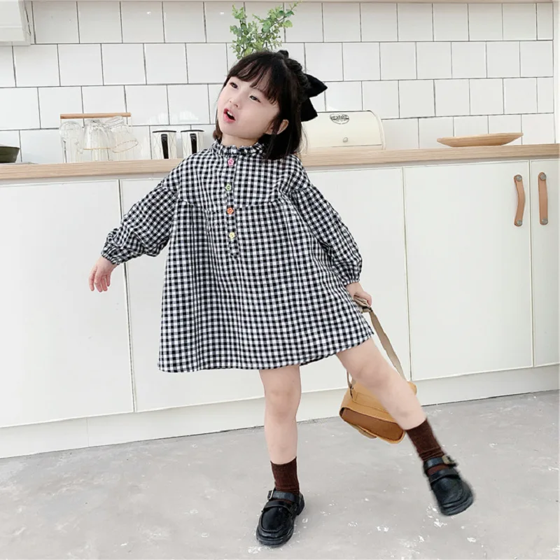 Girls Skirt Rainbow Button Plaid Dress Long Sleeve Doll Skirt 2024 Spring and Autumn New Children Clothing Casual