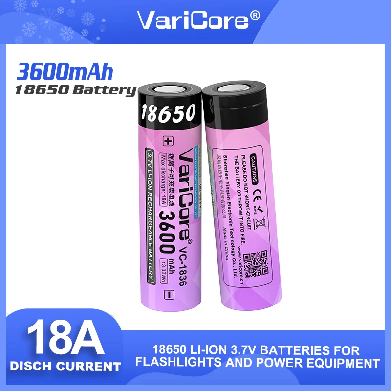 VariCore VC-1836 3.7V Li-Ion 18650 Baterai Lithium 3600MAh Baterai Isi Ulang 18A Saluran Tinggi untuk Lampu Senter Vaping