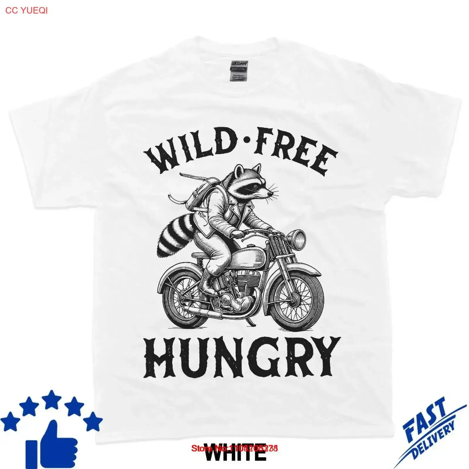 Wild Free Hungry Motorcycle Rider Biker Racoon Raccoon T Shirt vintage Washed Top For Everyday Wear Breathable homme Versatile