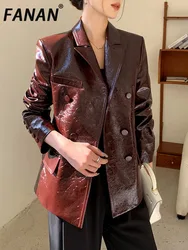 FANAN Leather Blazers Women's Notched Double Breasted Office Lady Temperament Fit Jackets Fashion 2025 Spring New Fashion Coats