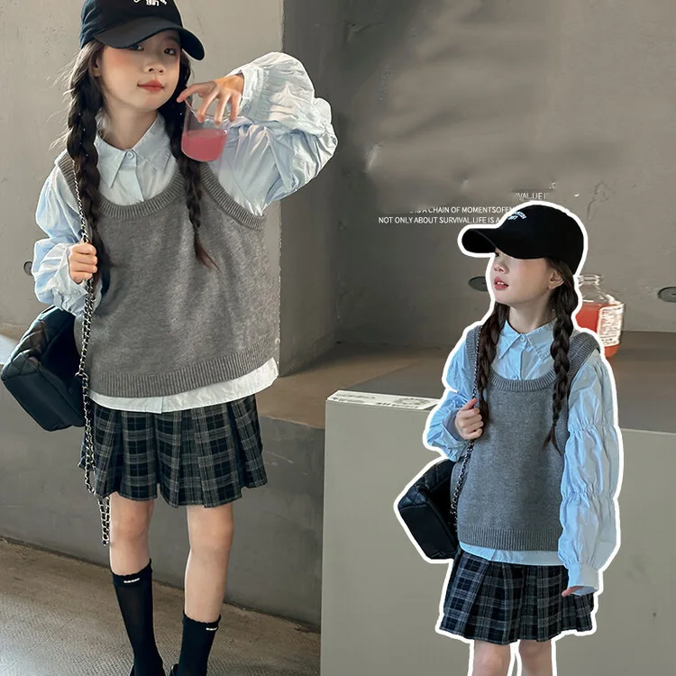 

Осенний комплект из 3 предметов для школьниц, футболка с отложным воротником и длинными рукавами + вязаный жилет + клетчатая юбка, детские костюмы для девочек, наряд для девочек 4–14 лет