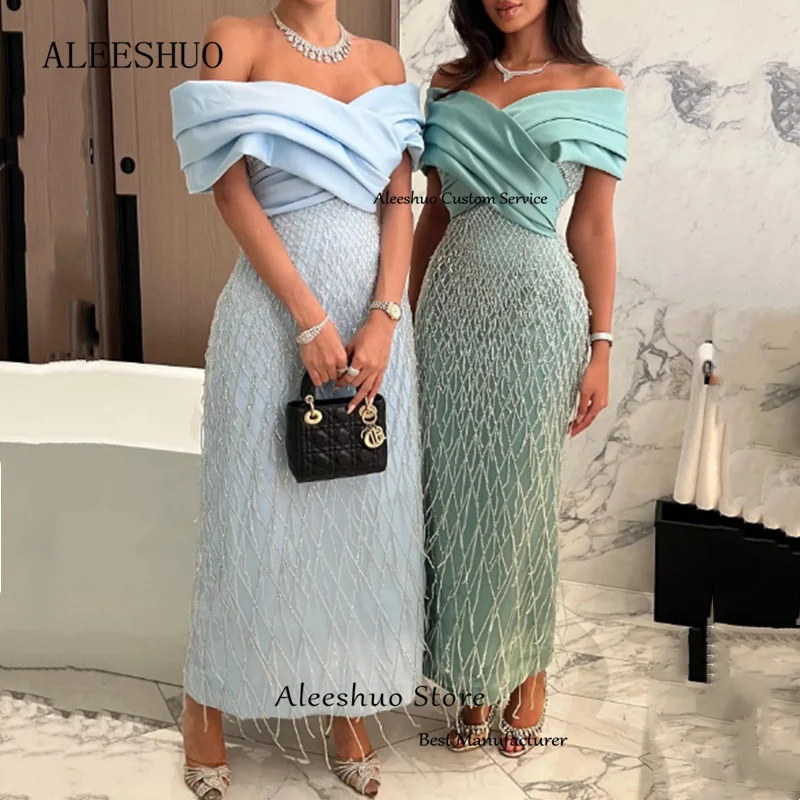 Aleeshuo Dubai Off The Shoulder Prom Dresses Tassel Saudi Arab Evening Dresses Ankle-Length Vestidos  فساتين السهرة Customized