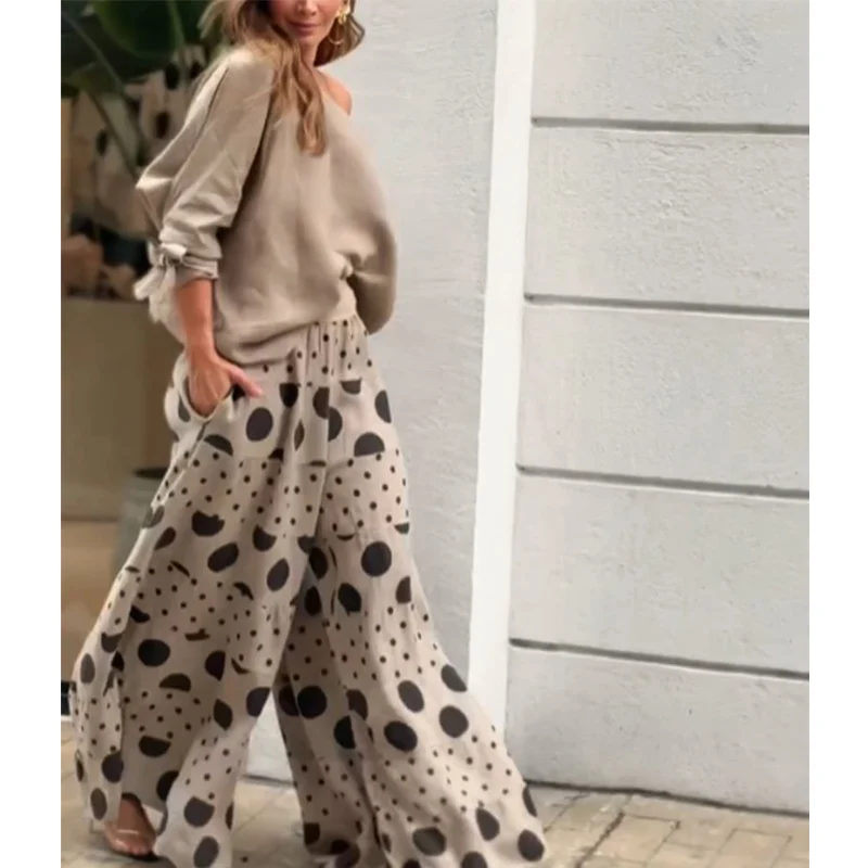 New Casual Women's Suit Long Sleeves A One-shoulder Neck Loose Top Polka Dot Wide-leg Pants Sets Fashion Summer Two-piece Set