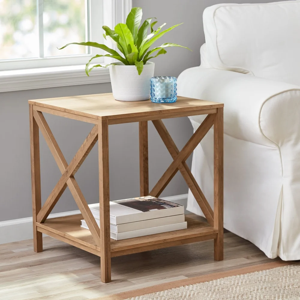 Farmhouse Square Side Table with Storage X-Brace Design Rustic Weathered Oak Indoor End Table Easy Assembly