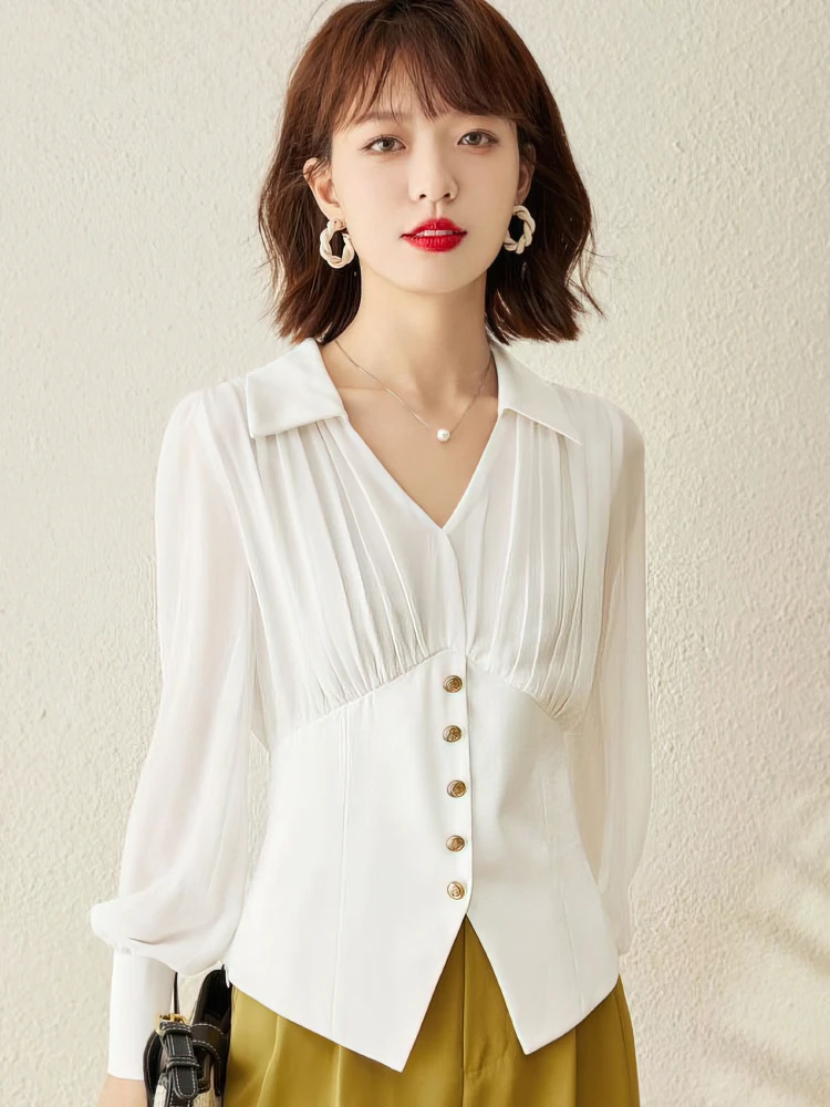 Chiffon Elegant Blouse Women Youth Casual Lady Plain Shirt Korean Chic Luxury Outerwears Mesh Puff Long sleeve V neck Office