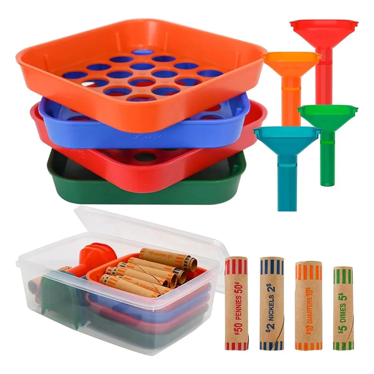 Eco-friendly Coin Sorter Trays & Coin Counter Tubes, Coin Roller Crimping Tool with 100 Pcs Assorted Preformed Coin Wrapper Roll