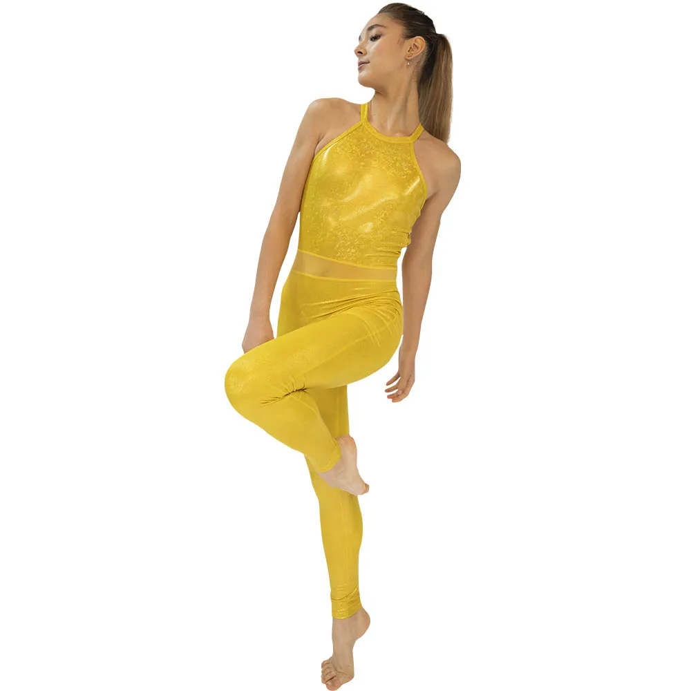 

Yellow Hologram Sparkle Sleeveless Dance Unitards Bodysuit for Ladies and Girls More Colors Available