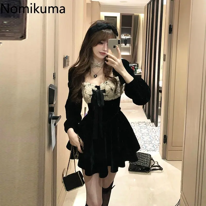 Velvet Dress for Women Cute Bow Slim Waist Robe Femme Square Collar Lantern Sleeve A-line Vintage Mini Dresses Vestidos De Mujer