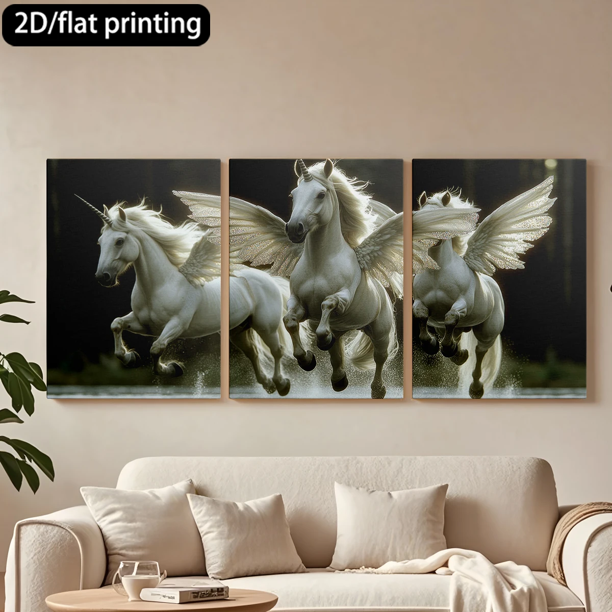 

3pc wooden frame canvas decorative paintingMagical winged unicorns, graceful gallop.Corridor bedroom decoration