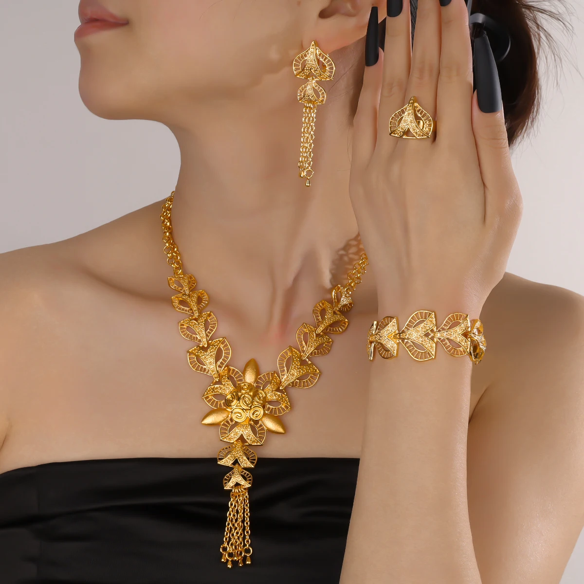Women's Jewelry Set Long Luxury Woman Long Necklace Bracelet Hanging Woman Earrings Flower Shaped Ring Christmas Gift