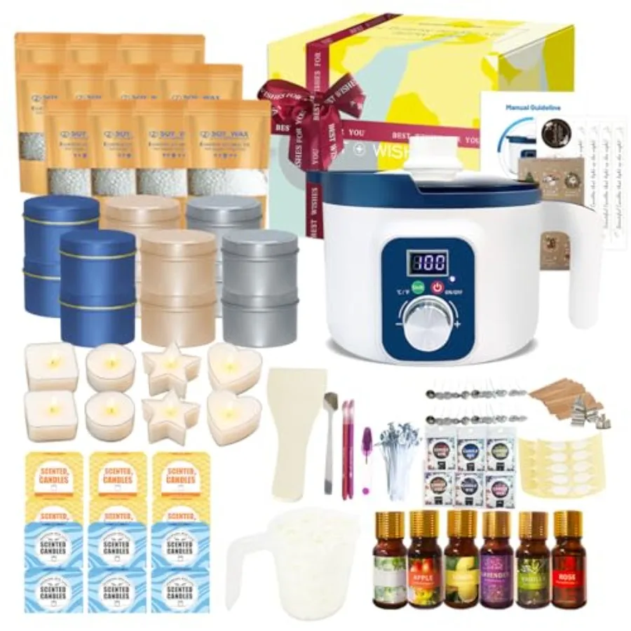 

Набор для изготовления свечей своими руками для взрослых: цифровая печь для плавления воска, соевый воск, 12 баночек, 8 форм для чайных свечей, теплый бежевый воск, простой в использовании, умный.