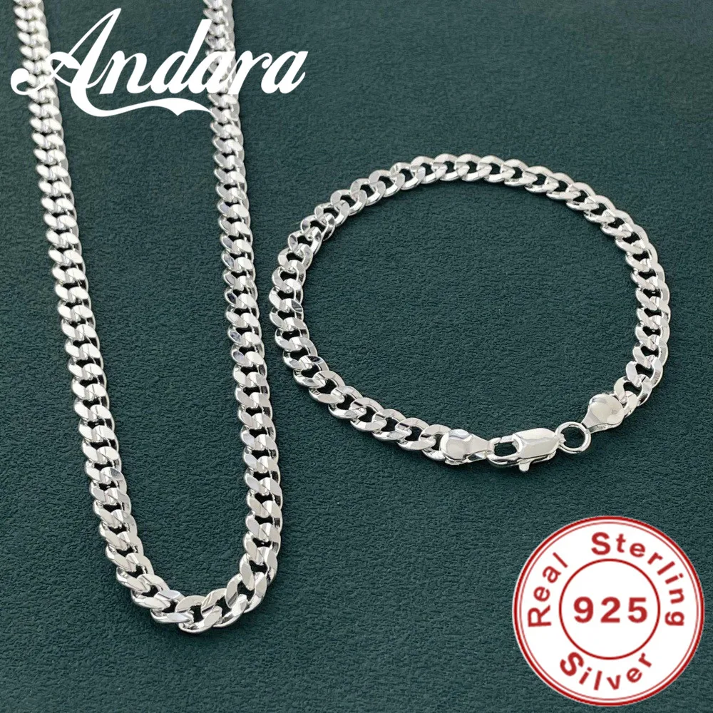 Hot high quality 925 Sterling silver charm 7MM Chain bracelets neckalces jewelry set for man women fashion Party wedding gifts