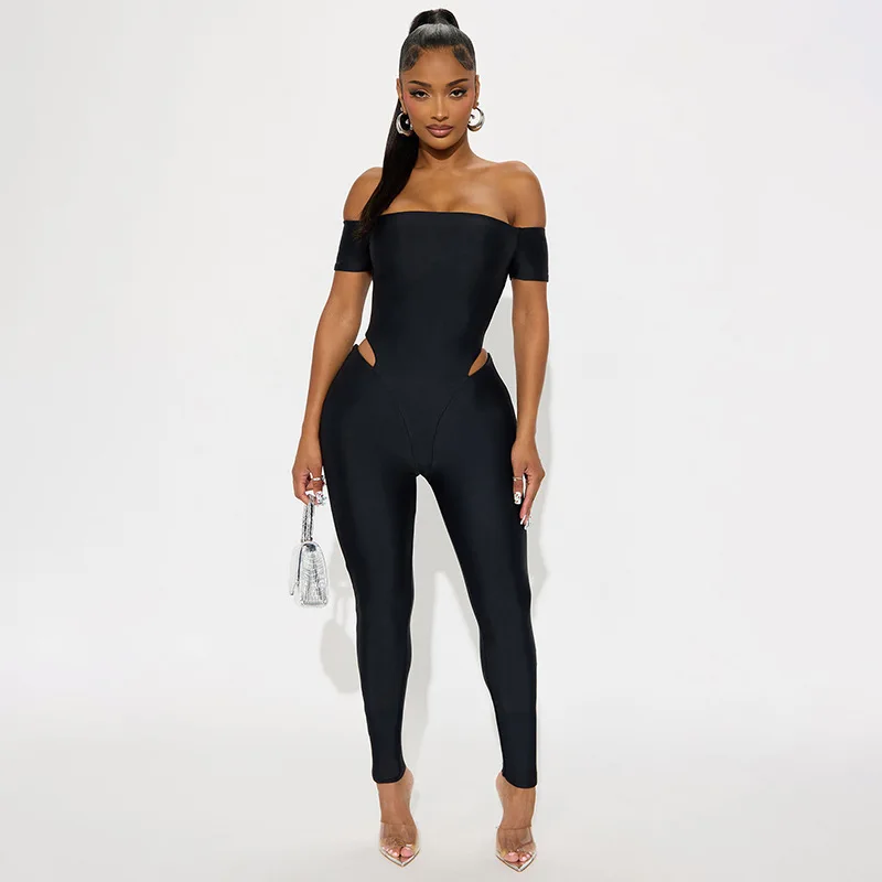 

Women Solid Hollow Out Skinny Jumpsuits Sexy Slash Neck Off Shoulder Short Sleeve Booty Lifting Slim Overalls Streetwear Rompers
