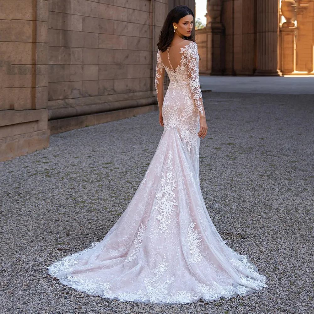 Vestido De Novia De sirena con cuello redondo, manga larga, apliques De encaje, ilusión trasera, tren De corte