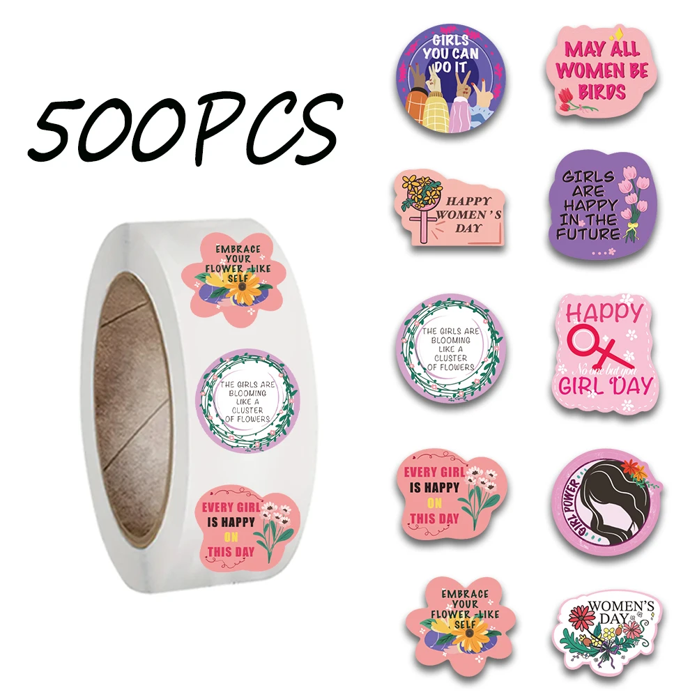 500PCS Women's Day roll up stickers, 10 pattern styles, decorative phone cases, gift boxes, guitars, waterproof stickers