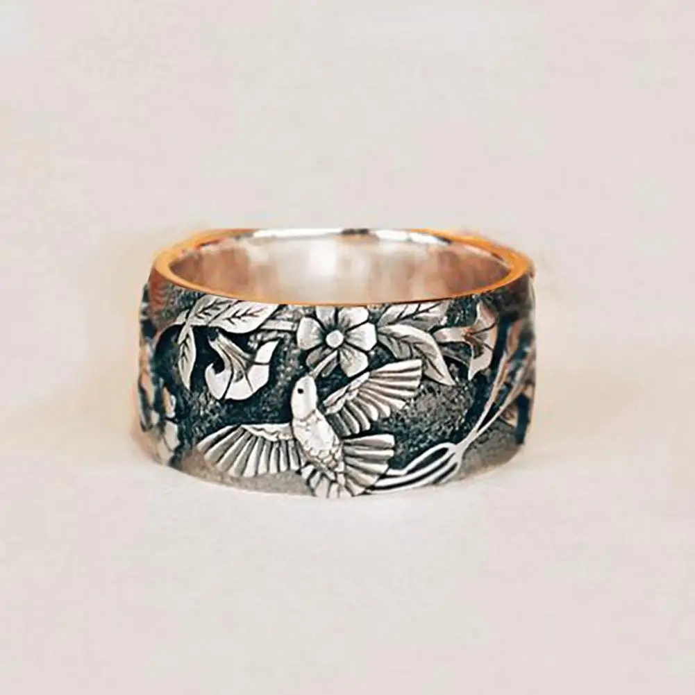 Alloy  Chic Bird Flower Pattern Unisex Ring Women Men Wedding Ring Wide   Fashion Jewelry