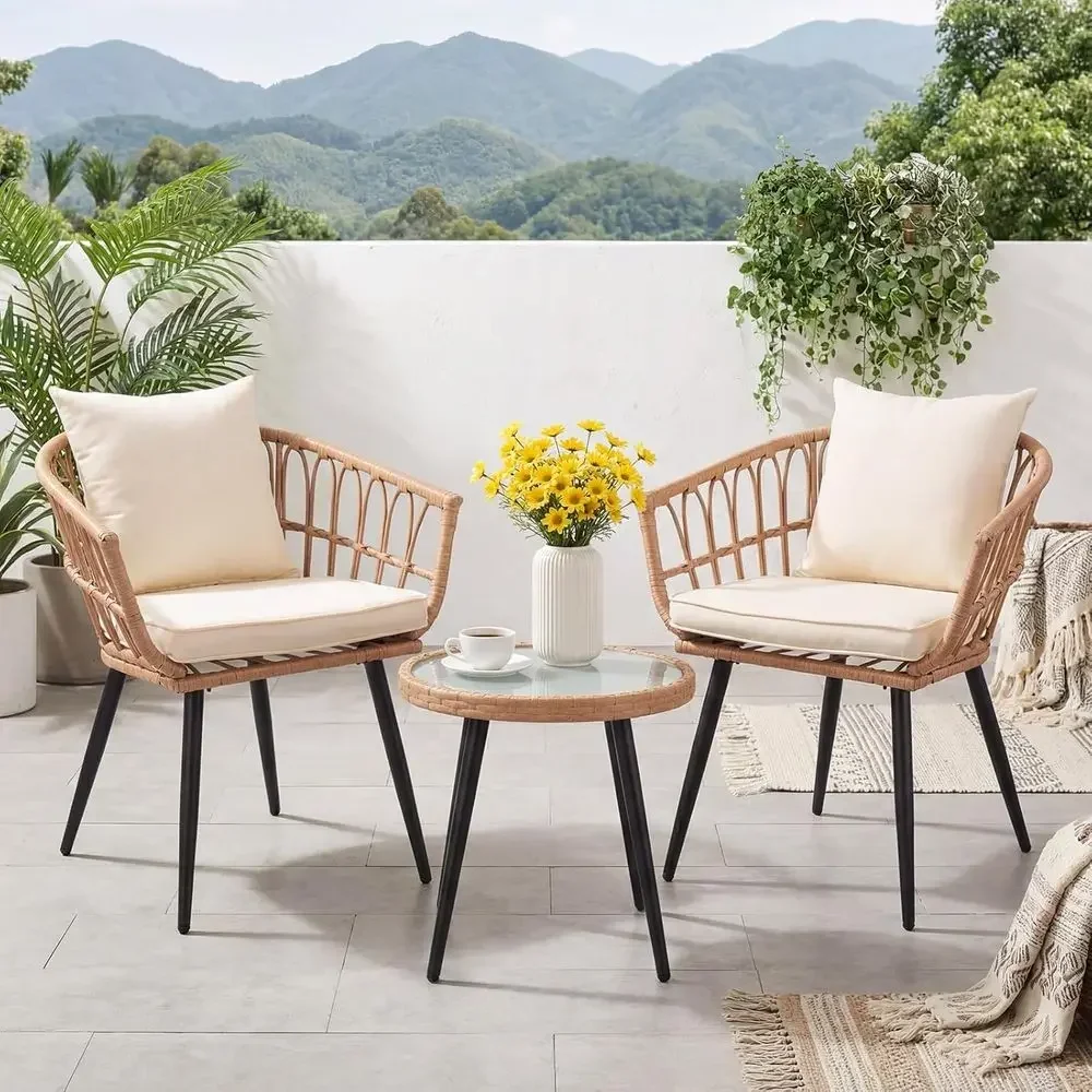 All-Weather Outdoor Wicker Patio Bistro Set with Cushions and Tempered Glass Table for Balcony and Porch (Beige)