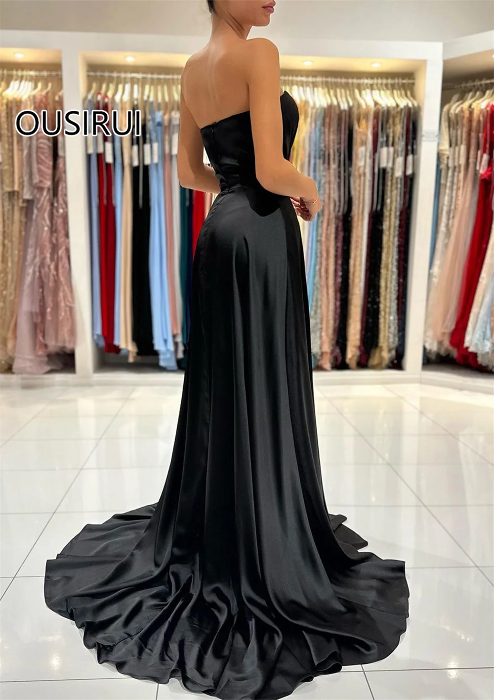 OUSIRUI Off-Shoulder Satin Solid A-line Formal Evening Party Dress Side Split Court Backless Prom Club Gown vestidos de festa