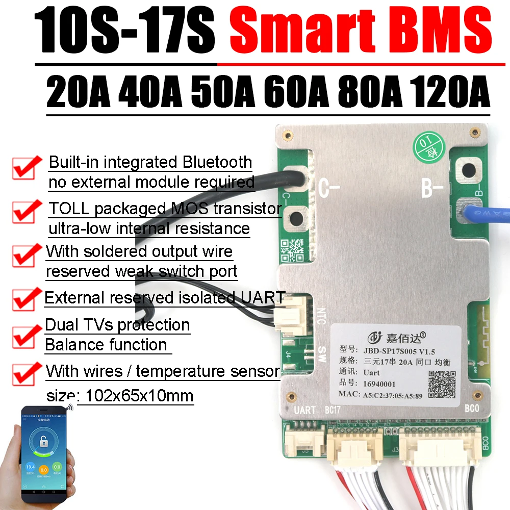 Bluetooth Smart 10S to 17S 16S Lithium Battery Protection Board BMS Balance charging 36V 48V 52V 60V 12S 13S 14S Li-ion LifePo4