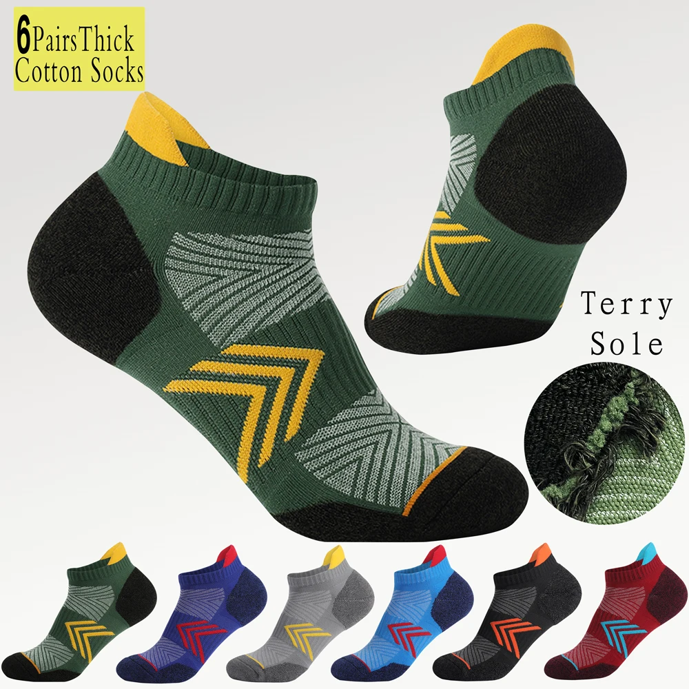 

6 Pairs Men's Anti-Slip Grip Running Socks Terry Sole Combed Cotton Antibacterial Breathable for Sports Hiking Gym Daily