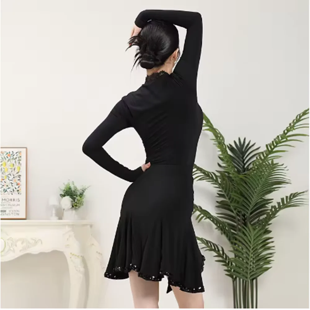 Adult Latin Dance Costume Women Latin Practice Suit Lace V-Neck Bodysuit Fringe Skirt White Dance Performance Clothing  yj807