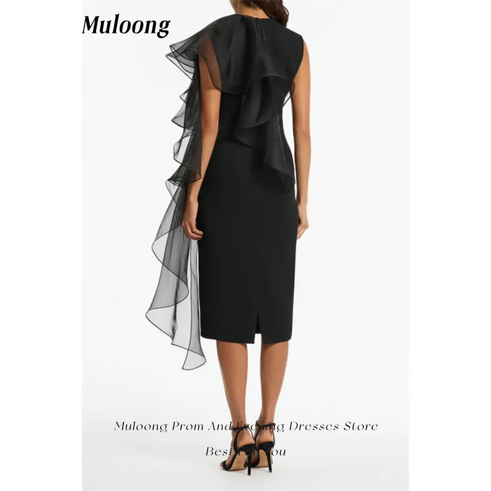 Muloong Black Ruffle Shoulder Gown O Neck Mermaid Midi Dress Left Silk Organza Ruffle Knee Length Classic Luxury Evening Dress