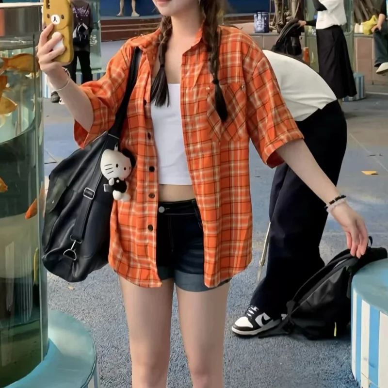 قميص منقوش بأكمام قصيرة بتصميم برتقالي عتيق للنساء، قميص منقوش فضفاض للزوجين، ملابس علوية غير رسمية متعددة الاستخدامات #5