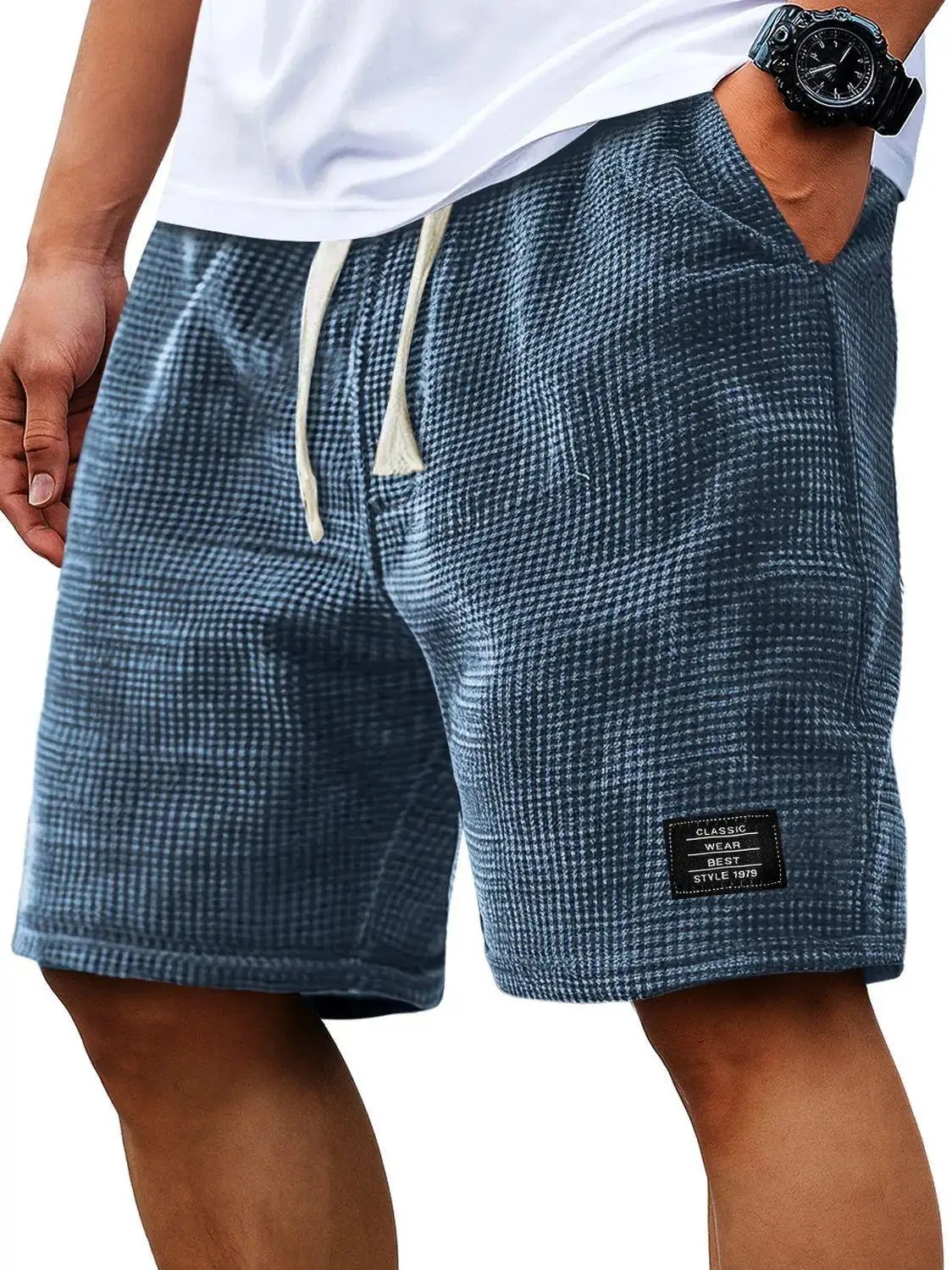 Herren-Shorts, einfarbig, mittlere Taille, Sommer, Waffelstruktur, tiefer Schritt, Kordelzug, lockere, knielange, lässige Shorts – Detail 14