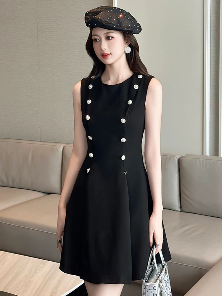 ملابس نسائية فستان قصير أنيق للسيدات حلو ريترو أسود مزدوج الصدر مطوي ثوب نسائي للحفلات والنوادي فيستدو سيدة