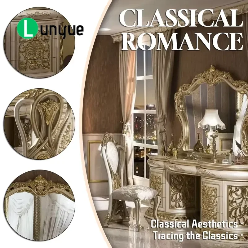 Turkish Style Luxury Gold Wooden Dresser with Mirror Large Makeup Vanity Table for Bedroom Elegant Storage Furniture