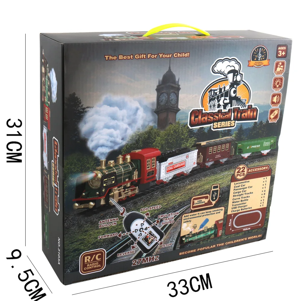 Juego de tren eléctrico de juguete, modelo de tren de vapor Retro, humo realista, sonidos y luces, con tren de riel remoto