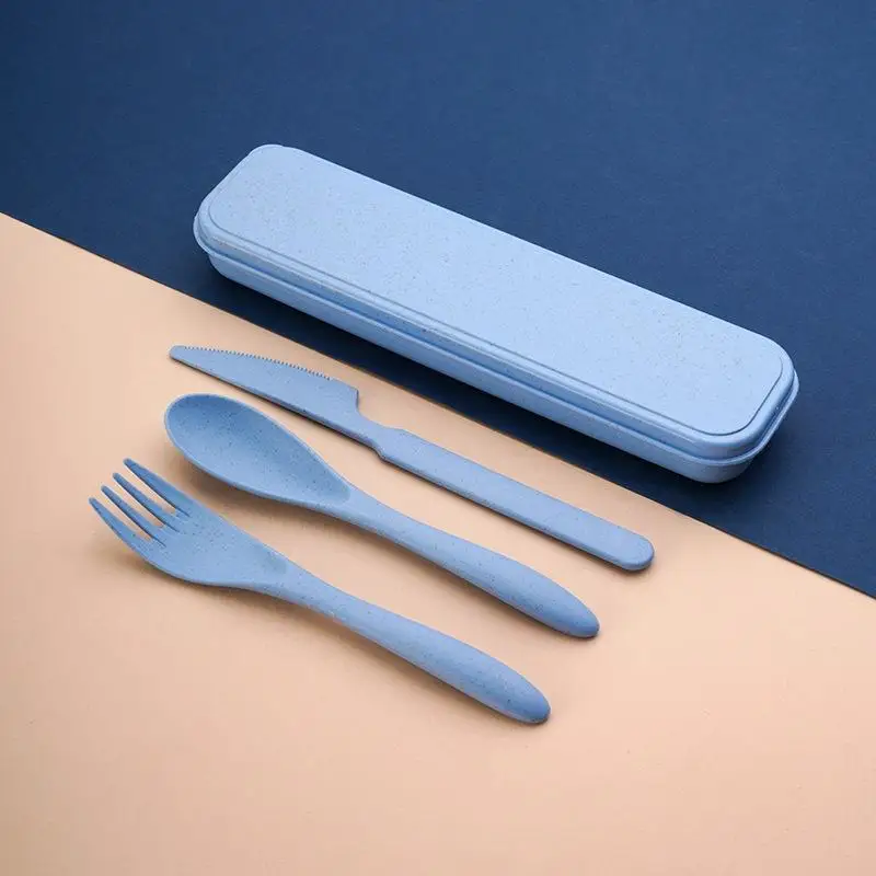Wheat Straw Reusable Cutlery Set Food Grade Safe Flatware with Knife Fork Spoon Storage Case for Home Office School