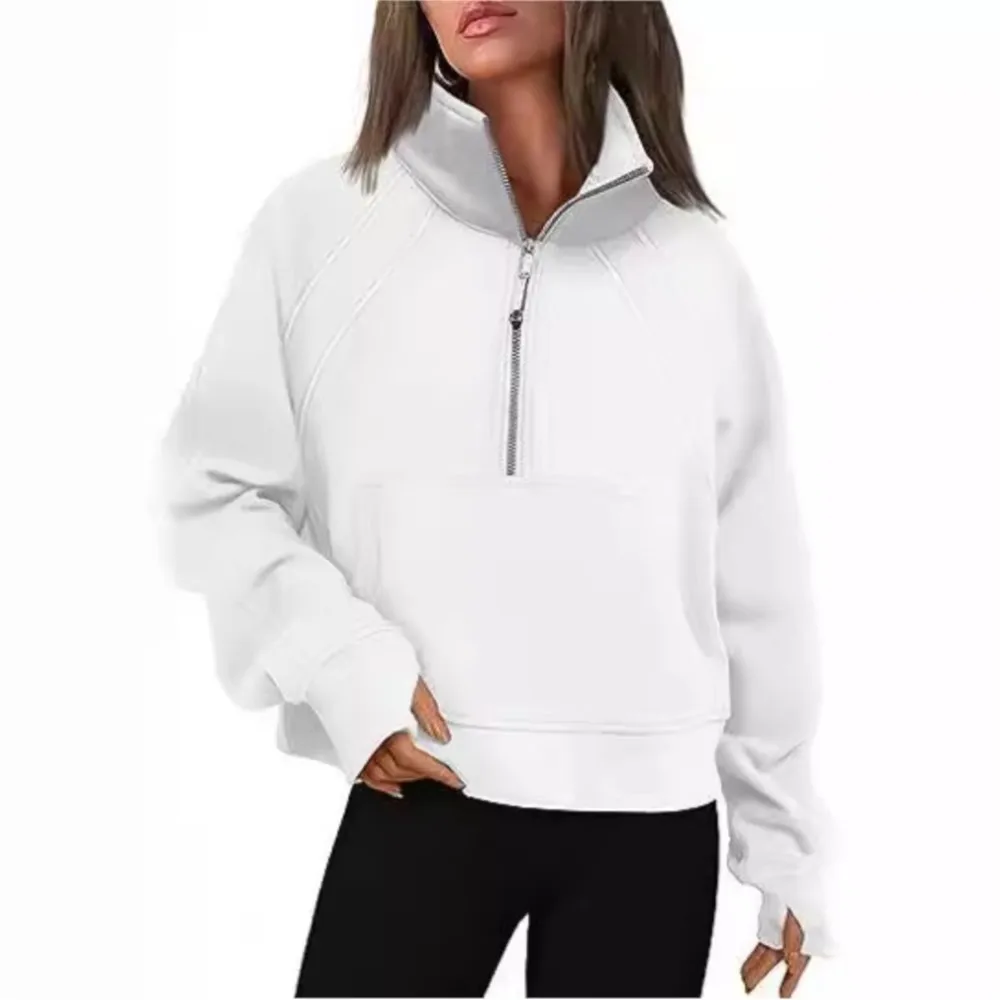 Stand Collar Casual Sweatshirts Half Zip Women Cropped Pullover Thumb Hole Overzised Hoodie Solid Color Plus Size Sports Outfit