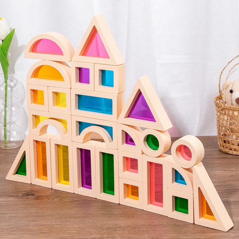 Kid Montessori Wooden Toy Rainbow Stacking Acrylic Block Colorful Learn Educational Construction Building Toys Set  For Ages 2+